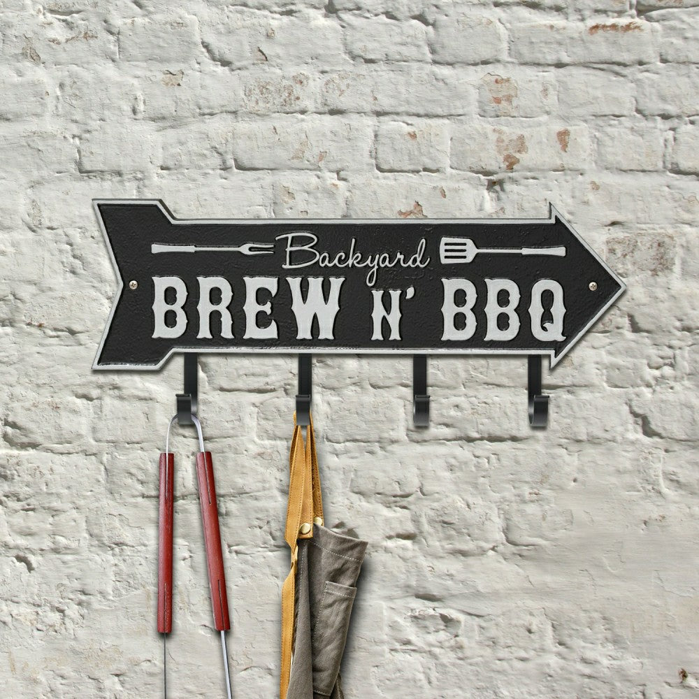 Backyard Brew N' BBQ Arrow Hook Plaque, Antique Brass | Plow & Hearth