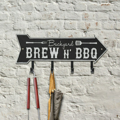 Backyard Brew N' BBQ Arrow Hook Plaque, Antique Brass | Plow & Hearth