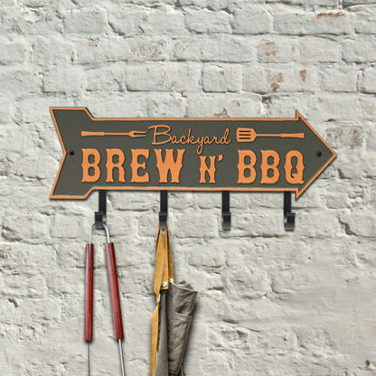 Backyard Brew N' BBQ Arrow Hook Plaque, Antique Brass | Plow & Hearth