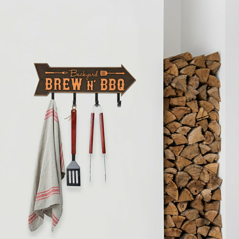 Backyard Brew N' BBQ Arrow Hook Plaque, Antique Brass | Plow & Hearth