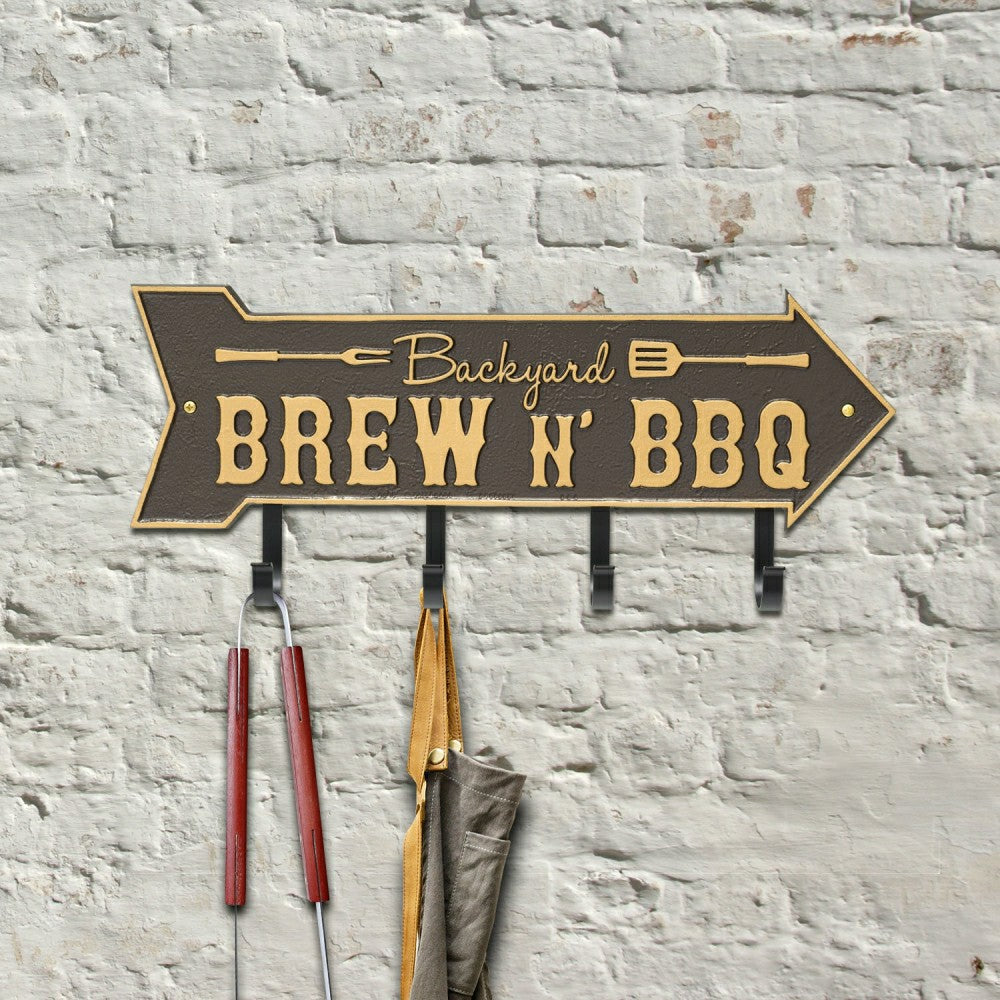 Backyard Brew N' BBQ Arrow Hook Plaque, Antique Brass | Plow & Hearth