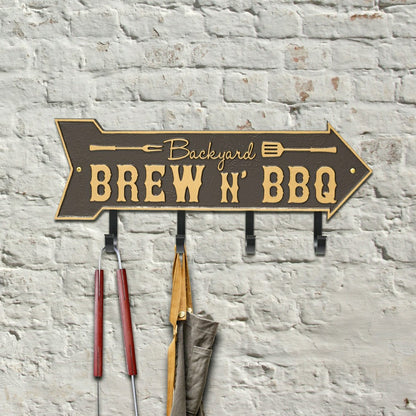 Backyard Brew N' BBQ Arrow Hook Plaque, Antique Brass | Plow & Hearth