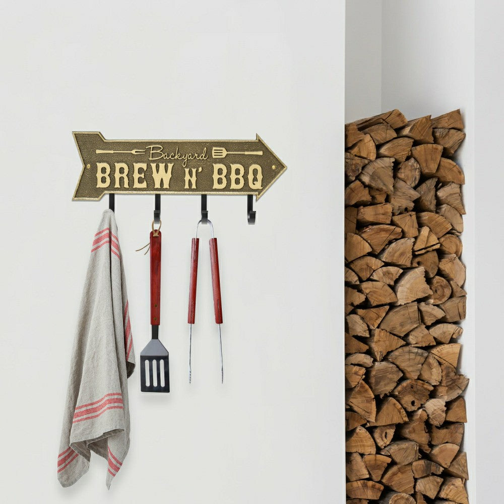 Backyard Brew N' BBQ Arrow Hook Plaque, Antique Brass | Plow & Hearth