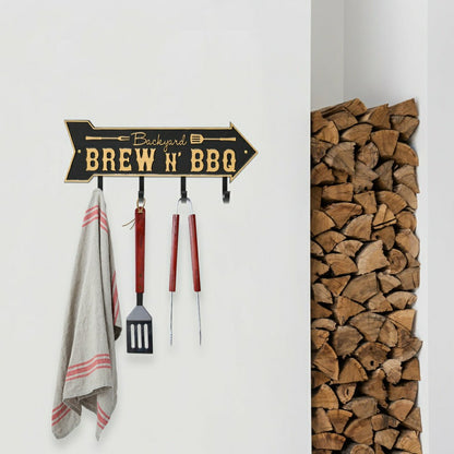 Backyard Brew N' BBQ Arrow Hook Plaque, Antique Brass | Plow & Hearth