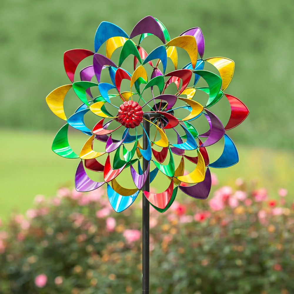 Zinnia Wind Spinner with Dual Rotors Metal Garden Stake | Plow & Hearth