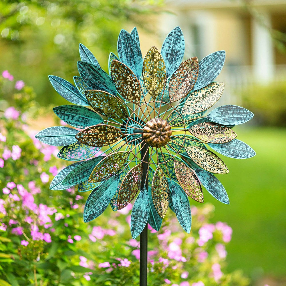 Metal Wind Spinner with Patina-Like Blue | Plow & Hearth