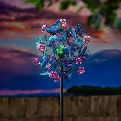 Blue Butterfly & Flowers Solar Metal Wind Spinner, 74" H | Plow & Hearth