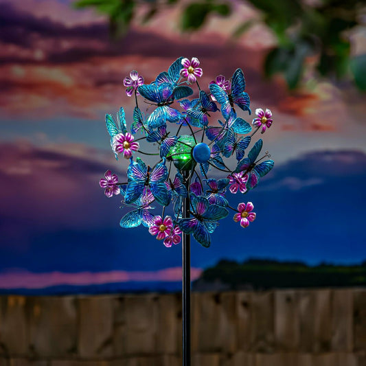 Blue Butterfly & Flowers Solar Metal Wind Spinner, 74" H | Plow & Hearth