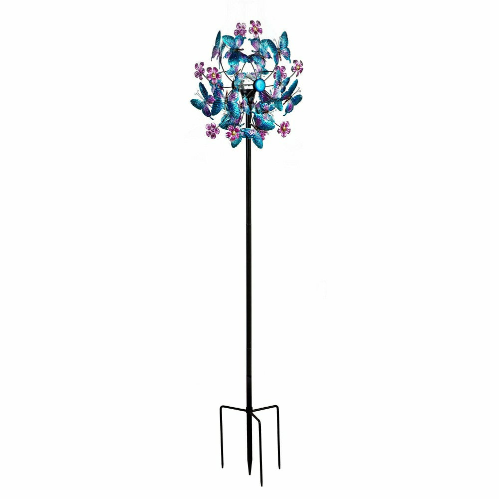 Blue Butterfly & Flowers Solar Metal Wind Spinner, 74" H | Plow & Hearth