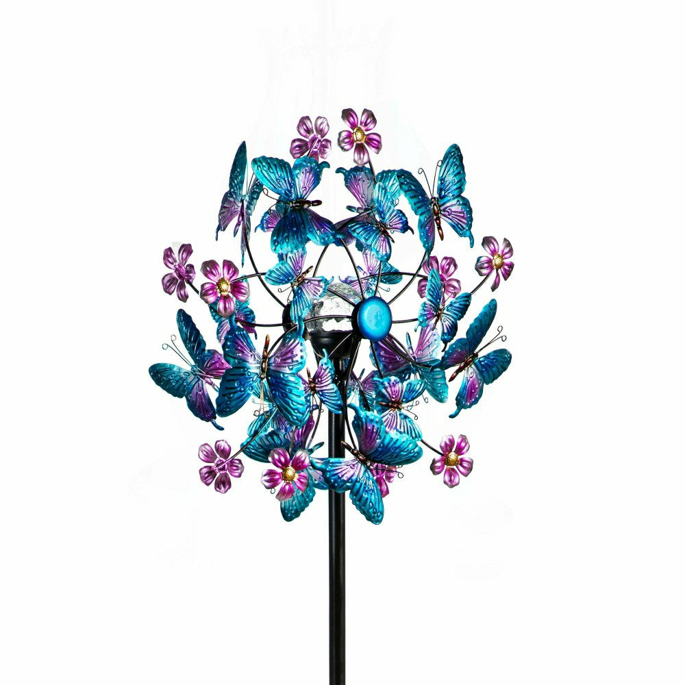 Blue Butterfly & Flowers Solar Metal Wind Spinner, 74" H | Plow & Hearth