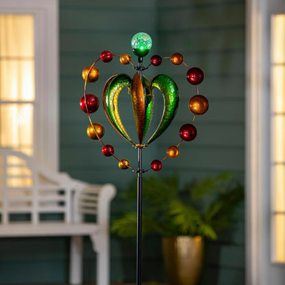 Green & Gold Heart Solar Metal Wind Spinner, 81" H | Plow & Hearth