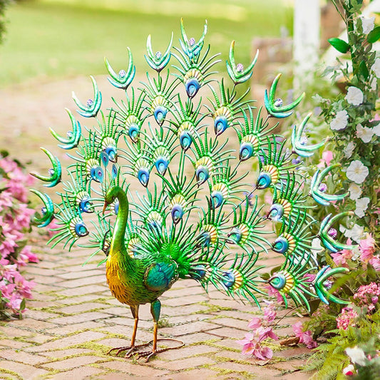 Colorful Metal Indoor/Outdoor Standing Peacock Sculpture | Plow & Hearth