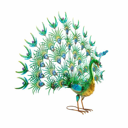 Colorful Metal Indoor/Outdoor Standing Peacock Sculpture | Plow & Hearth