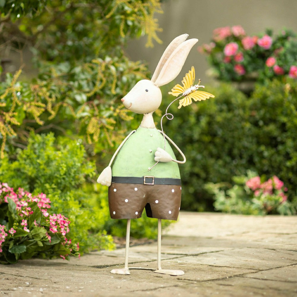 Metal Bunny With Butterfly Garden Statue | Plow & Hearth