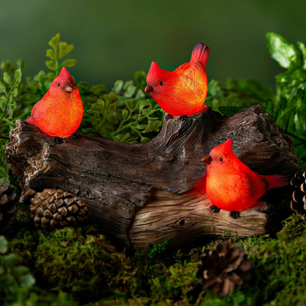 Memorial Garden Statue, Solar Cardinal Family On Wooden Log, 5"H | Plow & Hearth