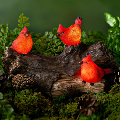 Memorial Garden Statue, Solar Cardinal Family On Wooden Log, 5"H | Plow & Hearth