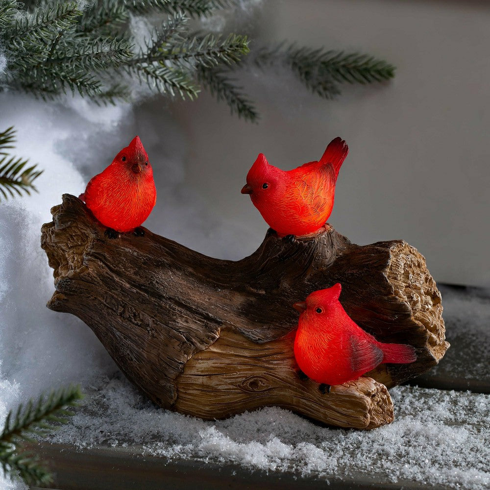 Memorial Garden Statue, Solar Cardinal Family On Wooden Log, 5"H | Plow & Hearth