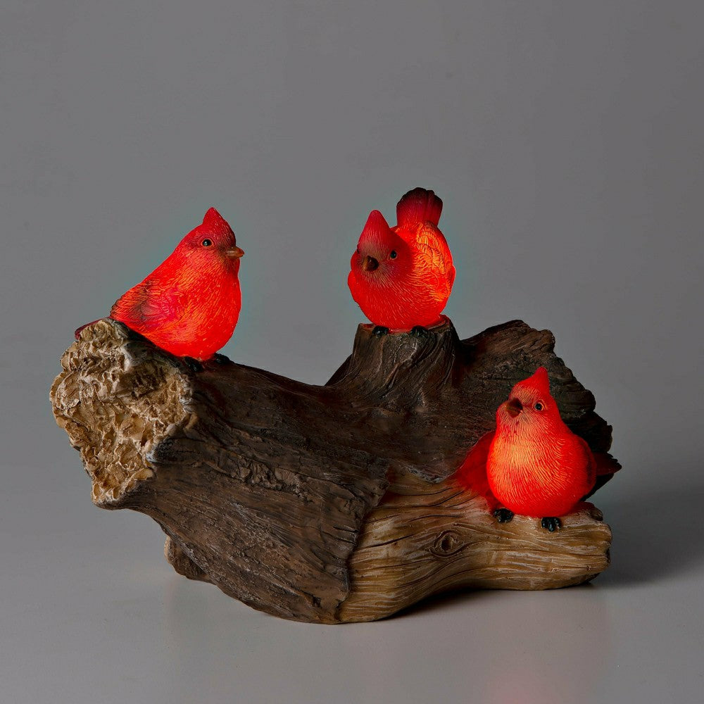 Memorial Garden Statue, Solar Cardinal Family On Wooden Log, 5"H | Plow & Hearth