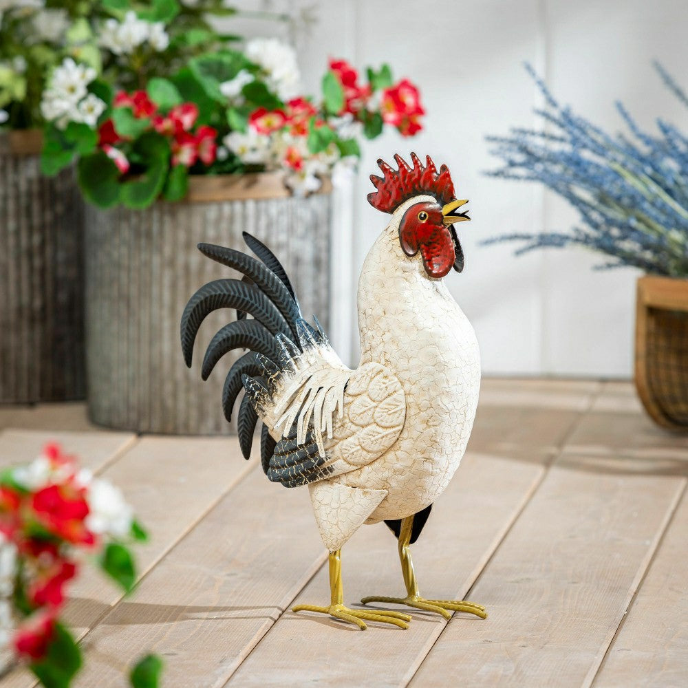 Hillside Pasture Garden Statue, Metal Rooster With Light Feathers, 14" | Plow & Hearth