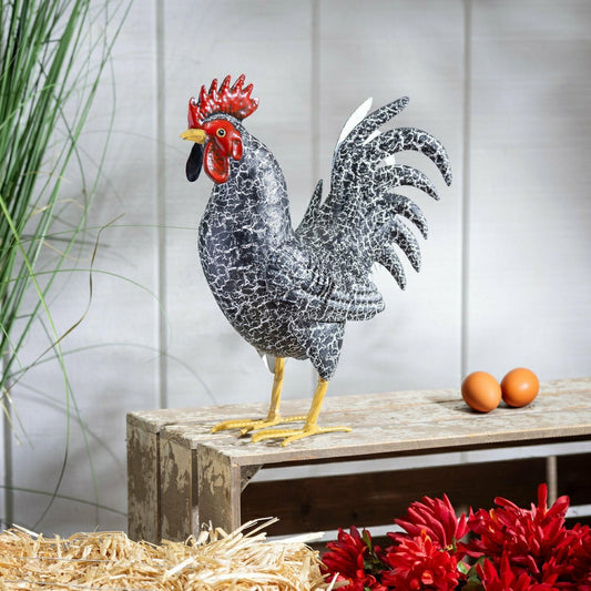 Metal Rooster With Dark Feathers Garden Statue, 14" H | Plow & Hearth