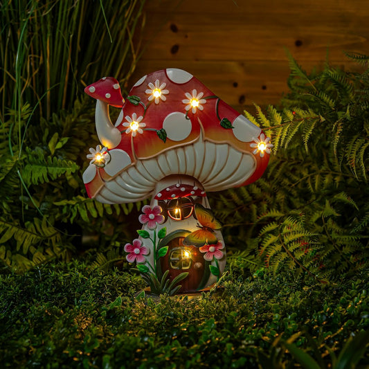 Floral Mushroom House LED Metal Garden Statue, 16"H | Plow & Hearth