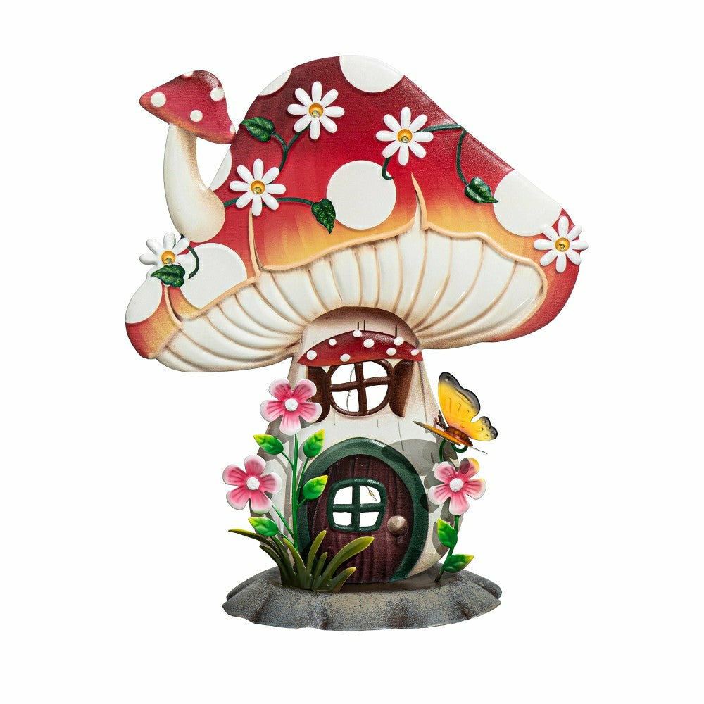 Floral Mushroom House LED Metal Garden Statue, 16"H | Plow & Hearth