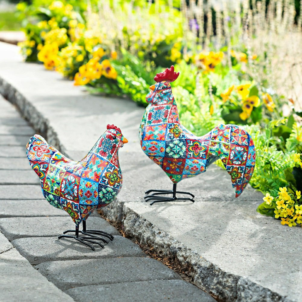 Indoor/Outdoor Tile-Inspired Rooster and Hen Statue Set | Plow & Hearth