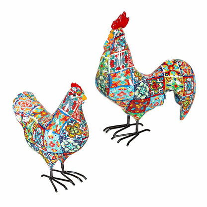 Indoor/Outdoor Tile-Inspired Rooster and Hen Statue Set | Plow & Hearth