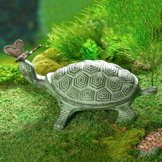 Tropical Oasis Garden Statue, Verdigris Metal Turtle and Butterfly, 14 | Plow & Hearth