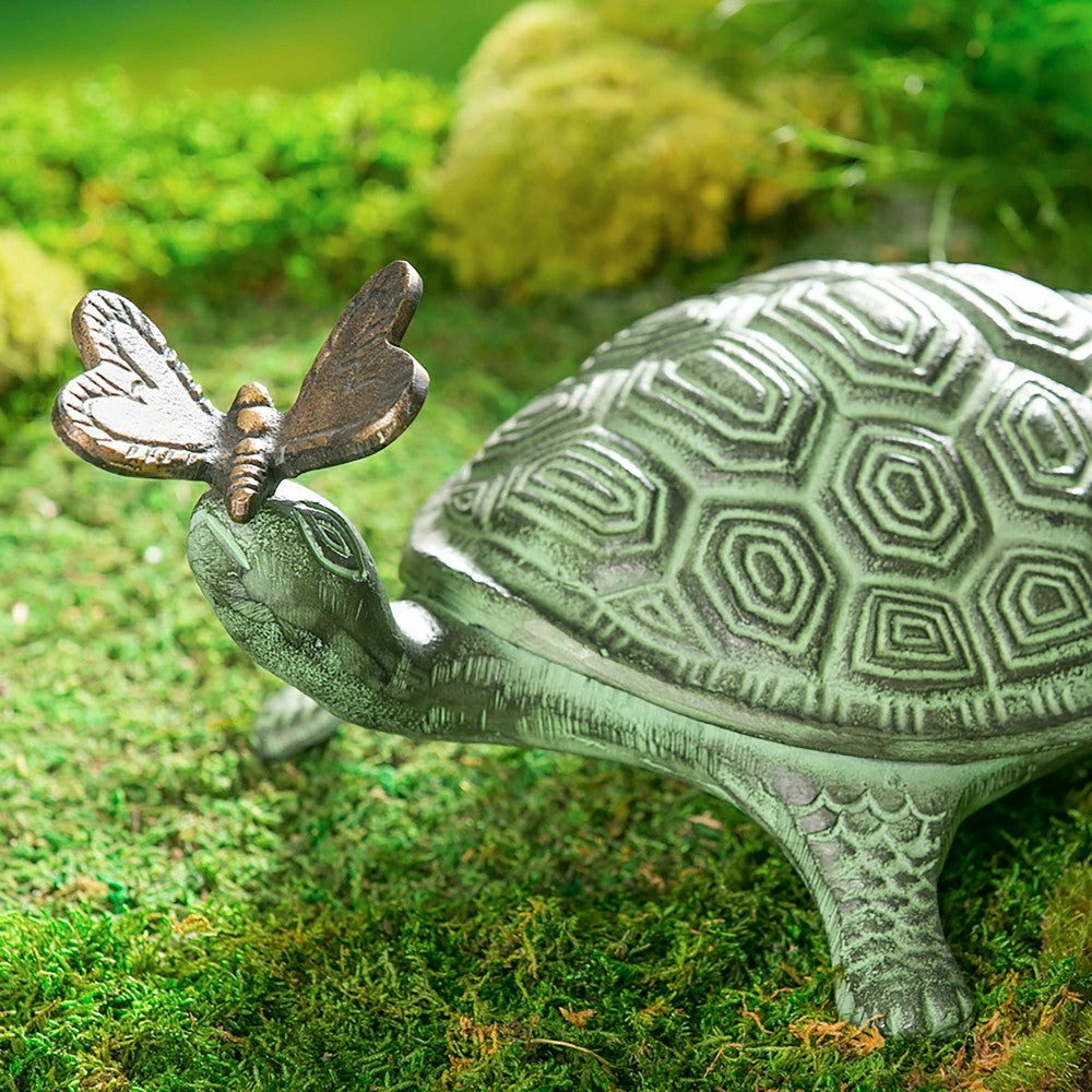 Tropical Oasis Garden Statue, Verdigris Metal Turtle and Butterfly, 14 | Plow & Hearth