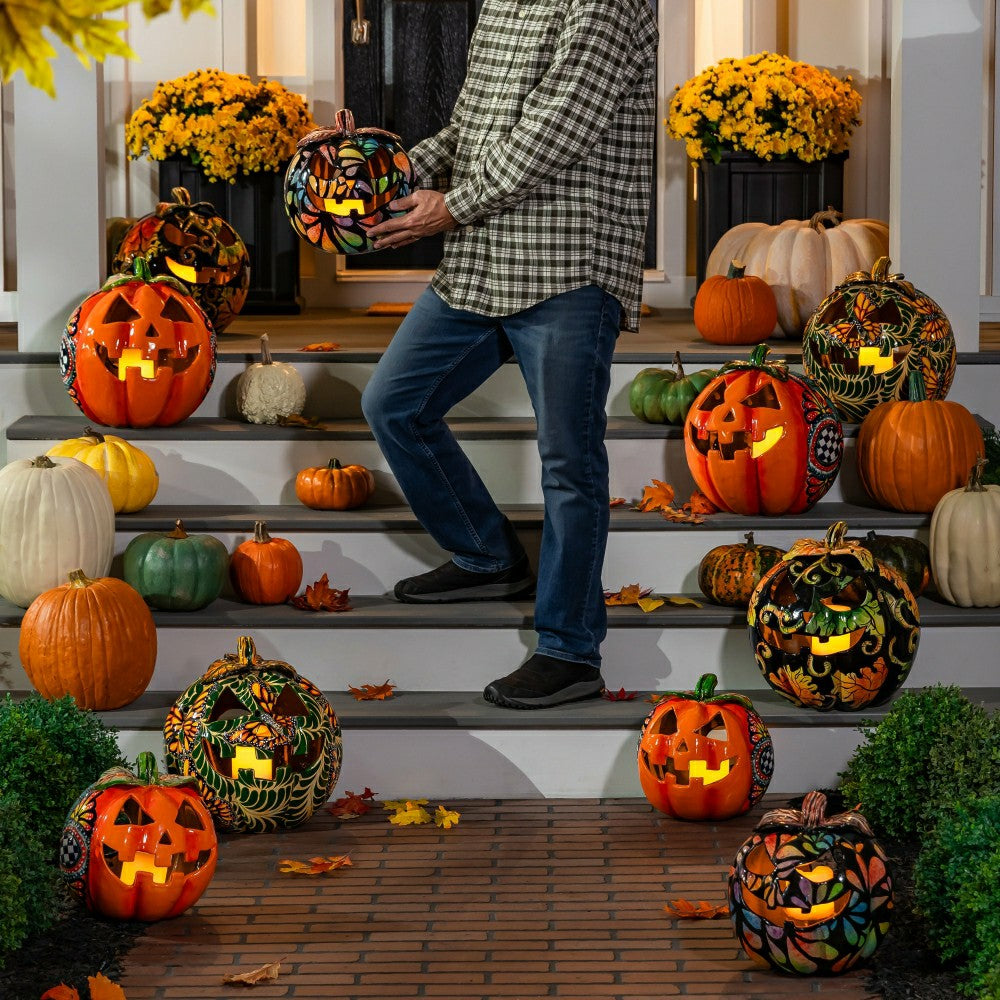 Checkered Flower Large Ceramic Talavera Harvest Pumpkin, Large | Plow & Hearth