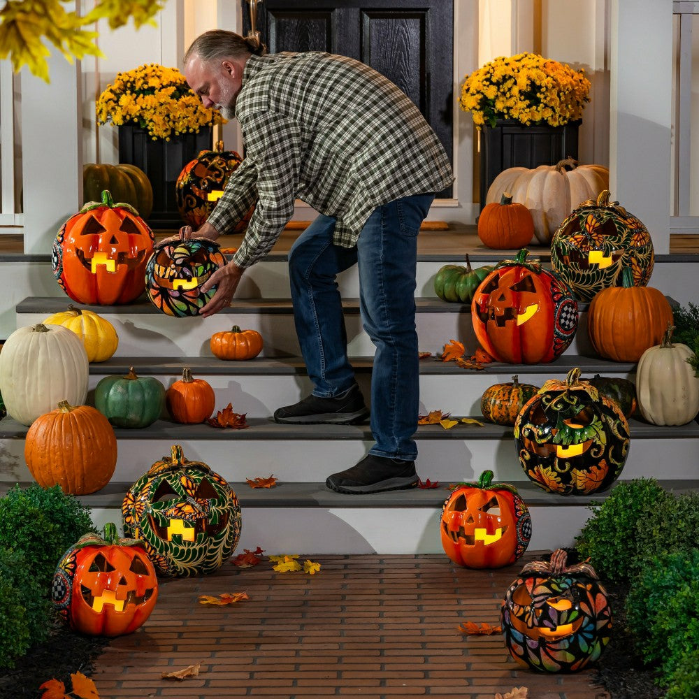 Checkered Flower Large Ceramic Talavera Harvest Pumpkin, Large | Plow & Hearth
