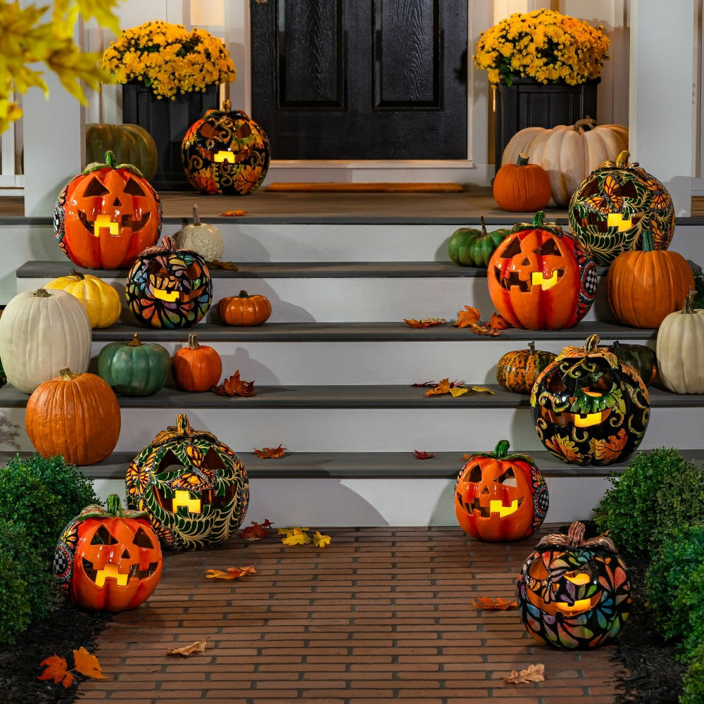 Checkered Flower Large Ceramic Talavera Harvest Pumpkin, Large | Plow & Hearth