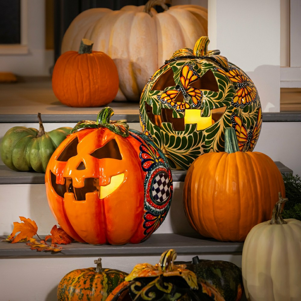 Checkered Flower Large Ceramic Talavera Harvest Pumpkin, Large | Plow & Hearth