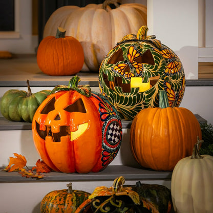 Checkered Flower Large Ceramic Talavera Harvest Pumpkin, Large | Plow & Hearth