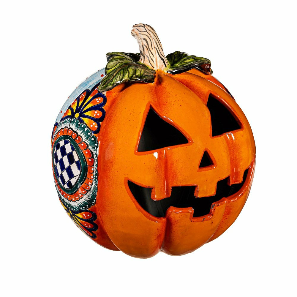Checkered Flower Large Ceramic Talavera Harvest Pumpkin, Large | Plow & Hearth
