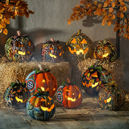 Checkered Flower Large Ceramic Talavera Harvest Pumpkin, Large | Plow & Hearth