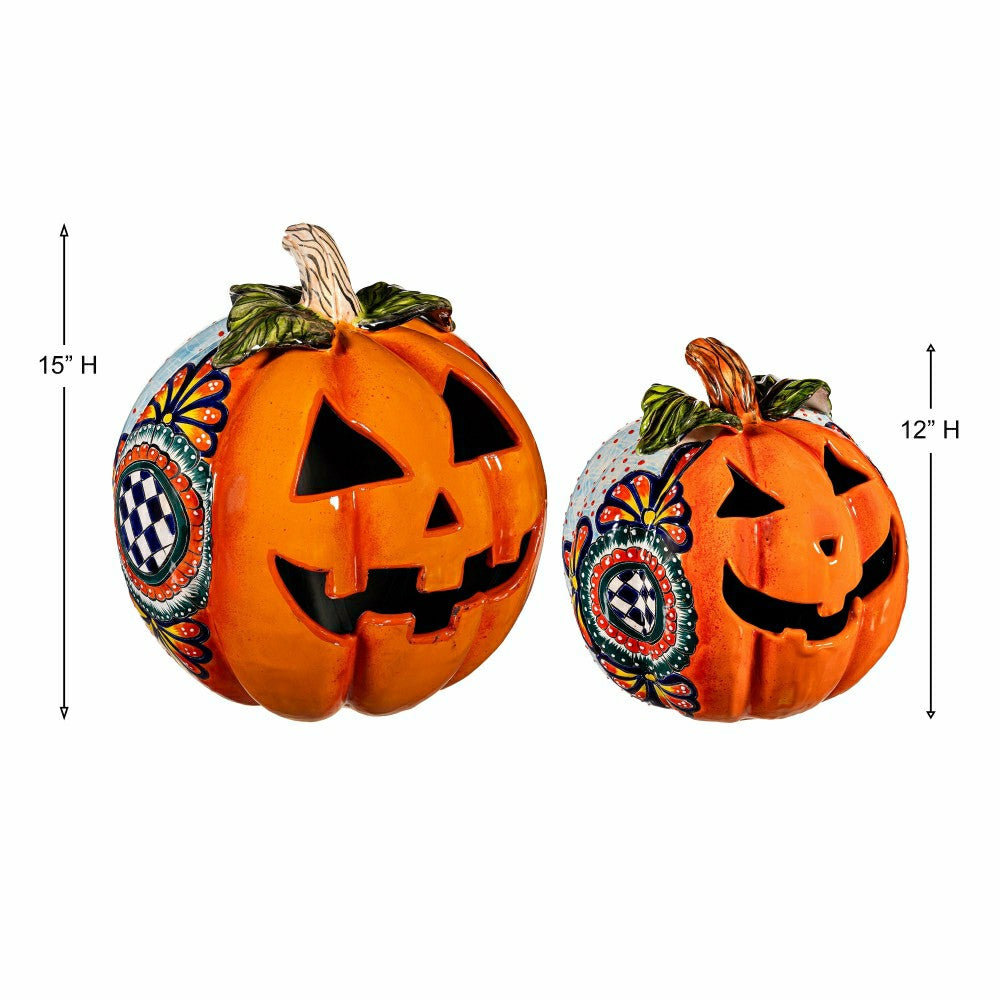 Checkered Flower Large Ceramic Talavera Harvest Pumpkin, Large | Plow & Hearth