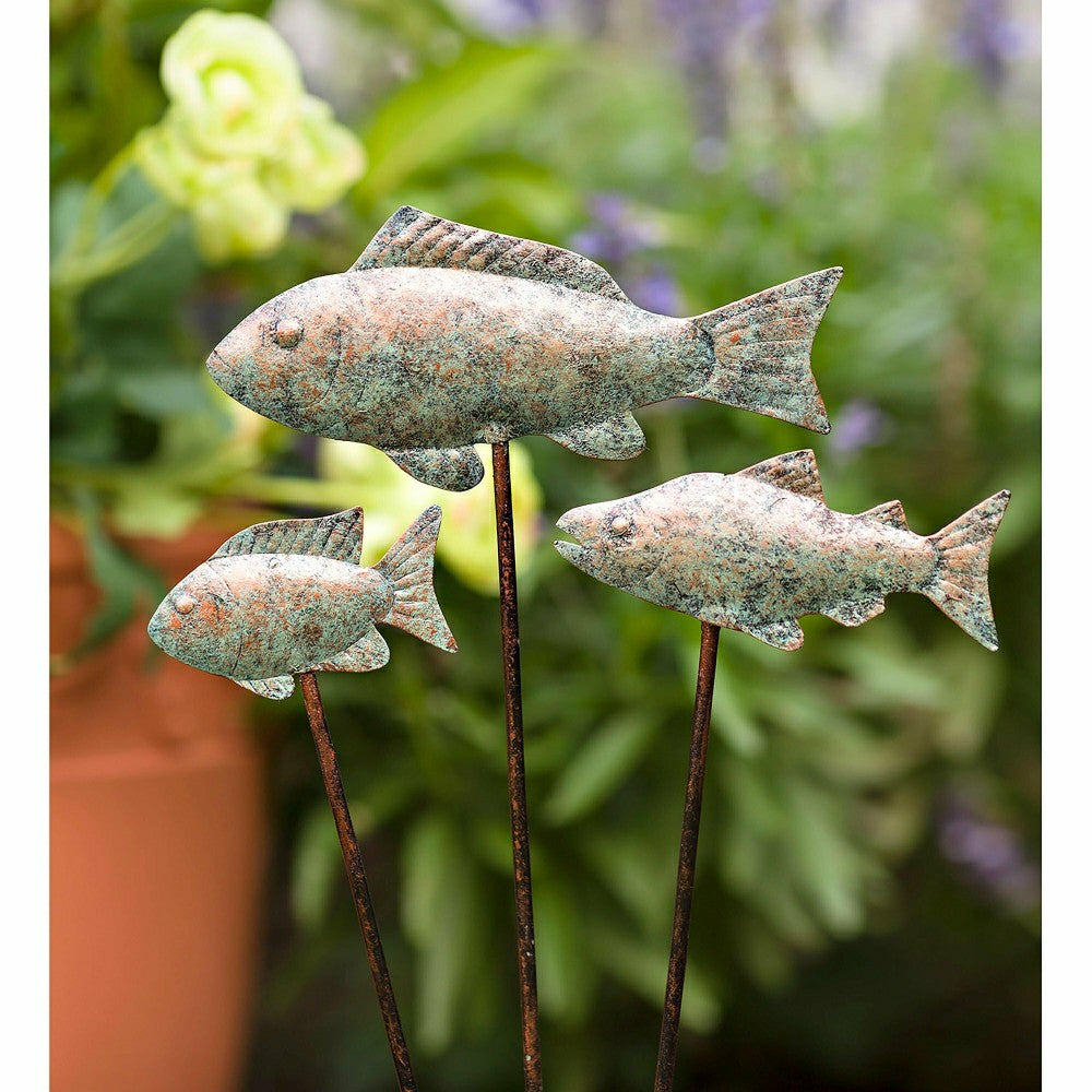 Verdigris Metal Fish Garden Stakes, Set of 3 | Plow & Hearth