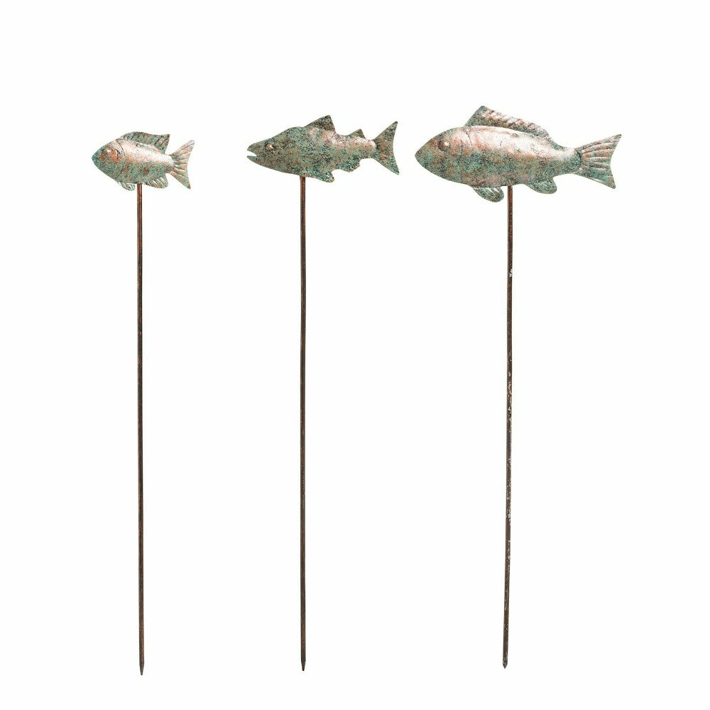 Verdigris Metal Fish Garden Stakes, Set of 3 | Plow & Hearth