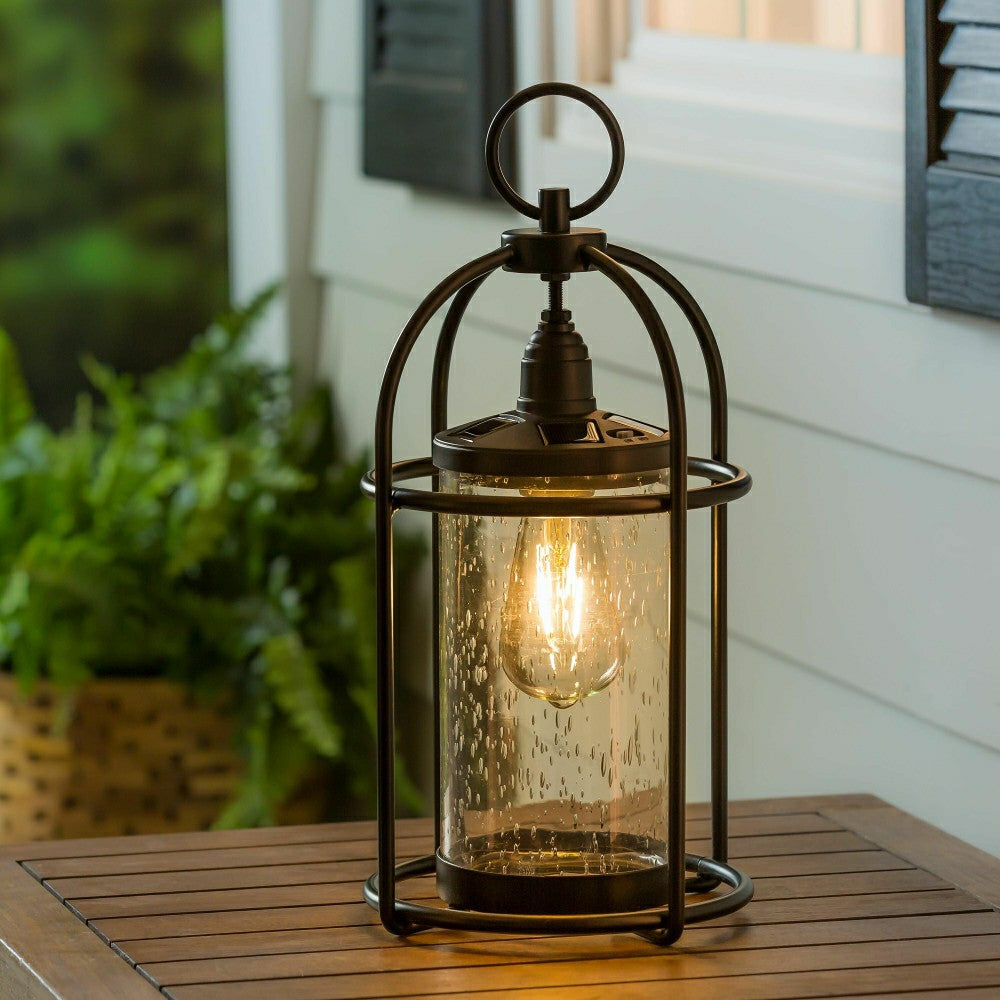 Solar Metal and Bubble Glass Edison Lantern | Plow & Hearth