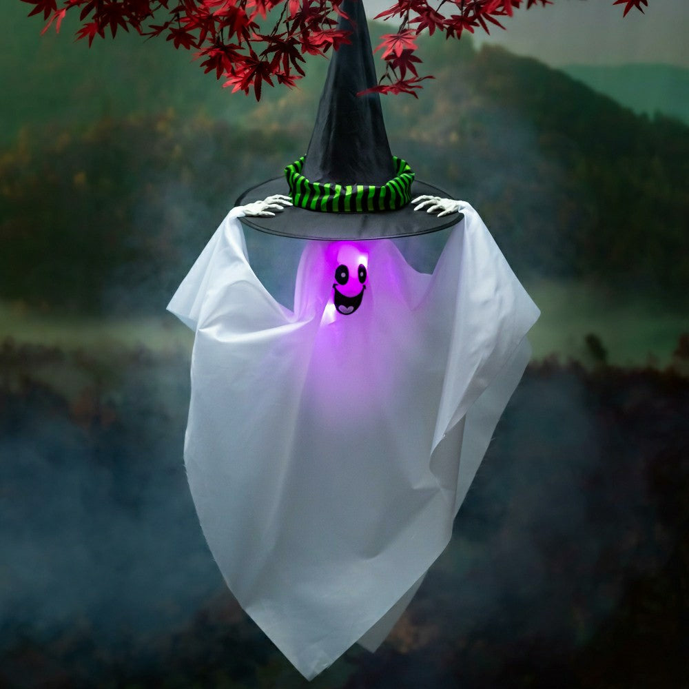 Animated Witch Hat Ghost with Color-Changing LED Lights and Sound Hang | Plow & Hearth
