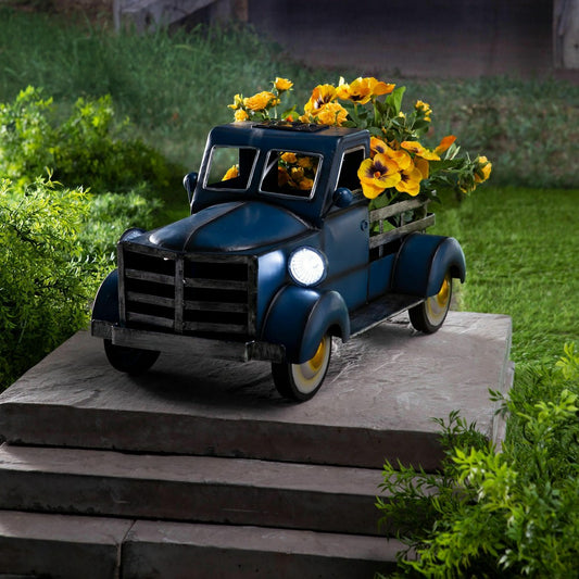 Blue Vintage Style Pickup Truck Garden Accent With Solar Headlights | Plow & Hearth
