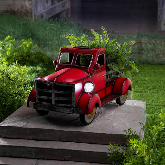 Red Vintage Style Pickup Truck Garden Accent With Solar Headlights | Plow & Hearth