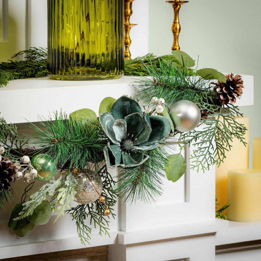 Shades of Emerald Garland Artificial with Ornaments, 72"H | Plow & Hearth