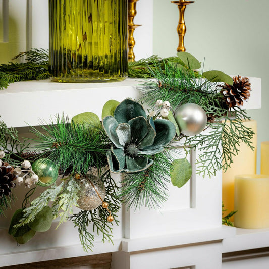 Shades of Emerald Garland Artificial with Ornaments, 72"H | Plow & Hearth