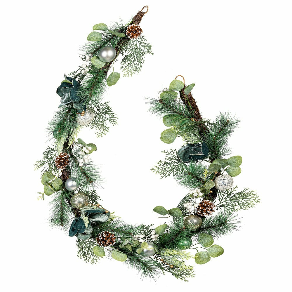 Shades of Emerald Garland Artificial with Ornaments, 72"H | Plow & Hearth