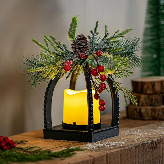 Winter Grove Faux Floral Table Decor Artificial with LED Lantern, 10"H | Plow & Hearth