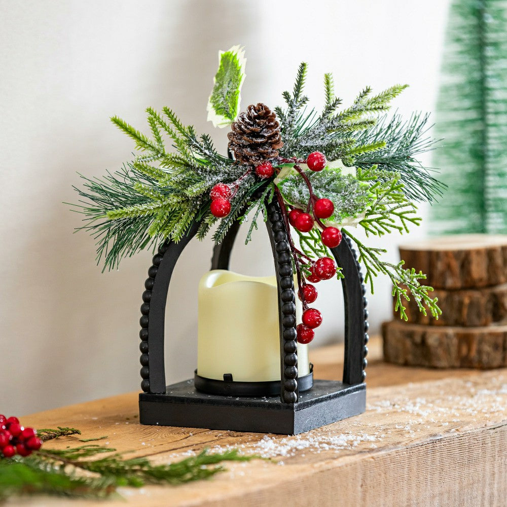 Winter Grove Faux Floral Table Decor Artificial with LED Lantern, 10"H | Plow & Hearth