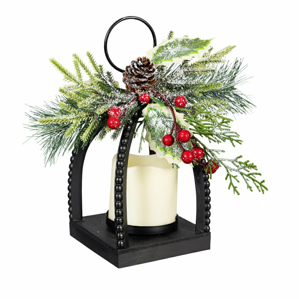 Winter Grove Faux Floral Table Decor Artificial with LED Lantern, 10"H | Plow & Hearth